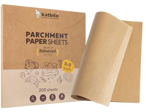 Katbite 200 Pcs Parchment Paper, 8 x 8 Inch Unbleached Baking Paper, Oil Resistant & Easy Clean, Non-Stick Precut Parchment Paper Sheets for Baking Square, Cooking, Air Fryer [Balance Series]