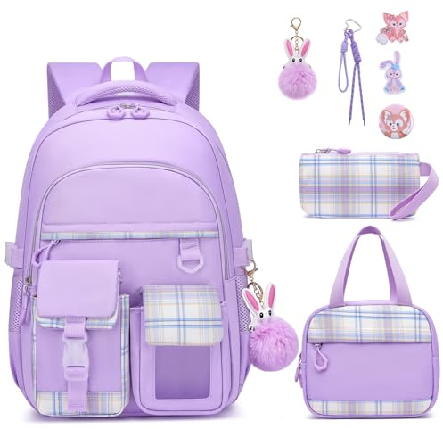KEBEIXUAN Cartable Fille Primaire Kawaii - Set de 3 Pièces Complet - Sac à Dos Scolaire, Trousse et Sac Repas pour Filles 6-11 Ans (CP au CM2), Violet