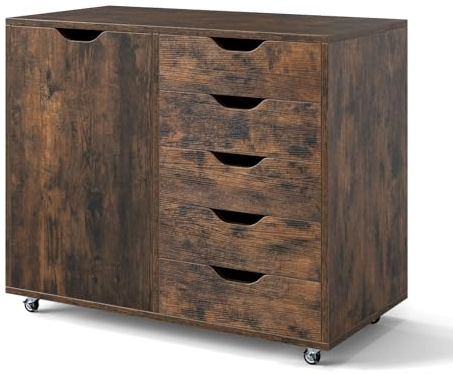 SFAREST Mobile File Cabinet, Lateral Stationery Vertical Rolling Filing Cabinets with Lockable Wheels, Wooden Storage Cabinets for Home Office (5 Drawers + 1 Side Cabinet, Industrial)