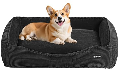 HMTOPE Hundebett, Hundesofa, Hundematte aus Cord, S/M/L, rutschfest, Abnehmbar und Waschbar, Weich und Atmungsaktiv, Dunkelgrau, 90 x 75 x 25 cm