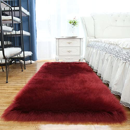 Alfombra de piel de cordero artificial de 50 x 150 cm, moderna alfombra de pelo largo para sala de estar, alfombra de lana sintética suave para dormitorio, decoración del hogar roja