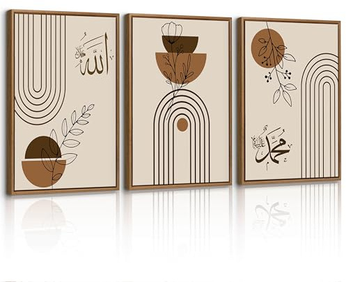 FajerminArt 3 st boho geometriska linjer moderna tavlor dekoration med ramar muslimsk arabisk islamisk kalligrafi tavla och prints dekorativa canvastavlor heminredning för matsal vardagsrum sovrum 30