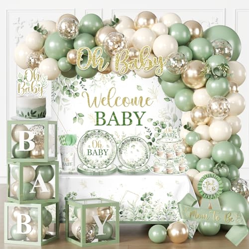Fexivo 286 Pcs Sage Green Baby Shower Decorations Set-Serves 25 Guests -All-in-One Gender Neutral Party Supplies Kit Includes Balloon Arch, Backdrop, Tableware Set, and Sash