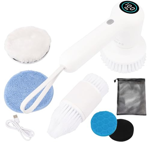 Cepillo de Limpieza Eléctrico, Cepillo Electrico Limpieza con 7 Cepillos, Pantalla LED, 2 Velocidades, para Hogar, Baño, Suelos, Azulejos y Cocina (Blanco)
