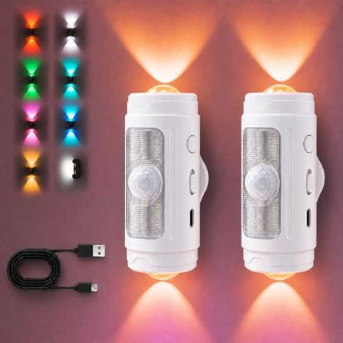 URAQT 2 stycken vägglampor med rörelsesensor, LED-vägglampor, uppladdningsbar tråd, 9 färger RGB automatisk/kontinuerlig tändning, magnetisk montering, för sovrum, korridor, trappor kök