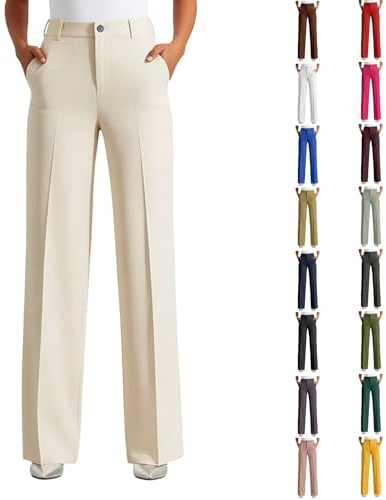 Generisch Pantalones de traje para mujer, cintura alta, pierna ancha, pliegues, elegantes pantalones de tela con bolsillos, rectos, negros, pantalones de negocios, pantalones marlenehose palazzo para