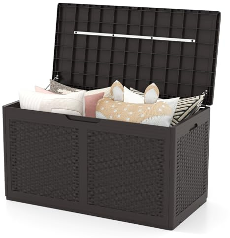 COSTWAY Coffre de Rangement Extérieure 380 L en Résine, Boîte de Rangement Étanche à Texture Rotin avec Roues Couvercle Verrouillable, pour des Outils Accessoires Jouet 111 x 56 x 61 cm (Marron)