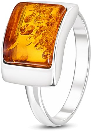 HolidayGiftShops Sterling Silver Baltic Honey Amber Ring for Women - Rectangular Genuine Baltic Amber Cabochon, 925 Silver Natural Gemstone Jewelry, “Sunniva”
