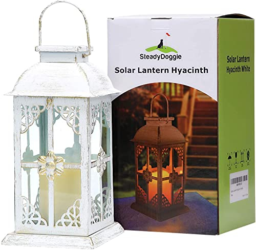 Lanterne solaire d'extérieur en jacinthe blanche-Décoration antique en métal et verre-Lanterne de jardin solaire d'intérieur et d'extérieur-Lanterne solaire entièrement alimentée par l'énergie solaire