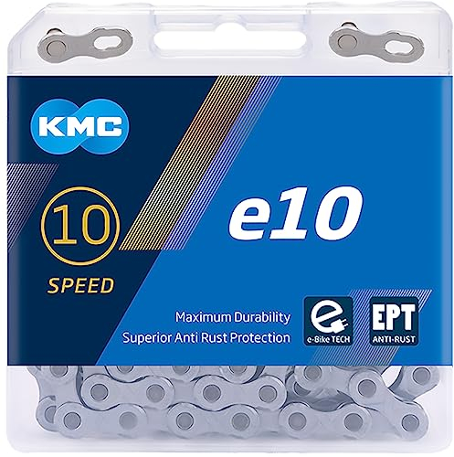 Fahrrad Kette, KMC Fahrradkette, e10 EPT, 1/2 x 11/128, 136 Glieder, extra lang für E-Bikes, 10-fach, rostresistent, silber