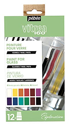Pébéo Vitrea 160 Entdecker Set - Glasmalerei Set - 12 x 20 ml Flaschen Glasmalfarben in Verschiedenen Farben - Glas Bemalen, 757461