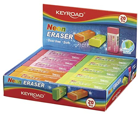 KEYROAD Radiergummi NEON/Radierer für Bleistift und Buntstift/ 20 Stücke - verpackt im Display/Mischung aus Farben/Ideal für Schule und Büro