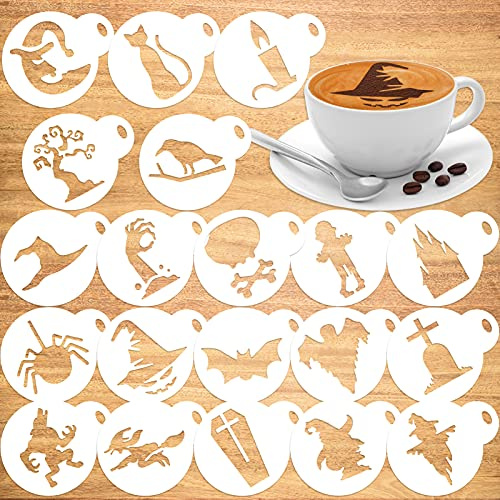 Qpout 20 Stück Halloween-Keks-Kaffee-Schablone Backvorlagen, Wiederverwendbare Kuchen-Süßigkeiten-Malvorlagen, Schädel-Hexe-Geist-Spinnen-Fledermaus-Dessert Zeichnungsform-Spray-Werkzeuge