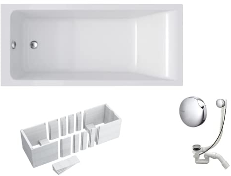 VBChome Badewanne 160x70 cm Geberit Acryl SET Wannenträger Siphon Wanne Rechteck Weiß Design Modern Styroporträger Ablaufgarnitur in Chrom