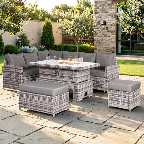 Club Rattan High Back Left Hand Corner Sofa Set with Fire Pit Rising Table 9 Seater Outdoor Furniture Rattan Corner Sofa Garden Patio Sets (Grey)