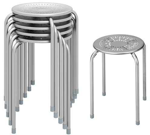 TANGZON Set of 6 Silver Steel Stacking Stools, Daisy Round Seats