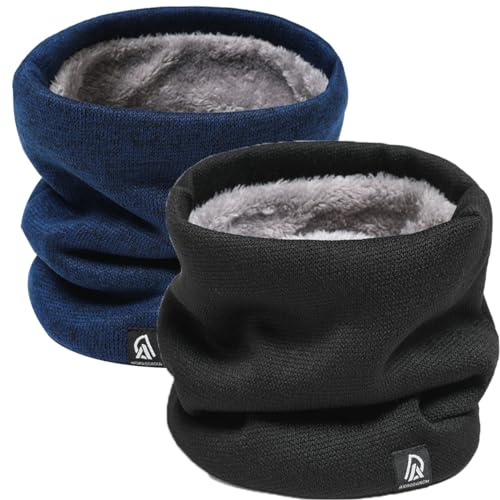 Rayson 2 Piezas Braga Cuello de Invierno Hombre Mujer, Bufanda Tubular de Lana y Punto, Calentador de Cuello con Forro de Felpa Grueso y Elástico,negro+azul marino