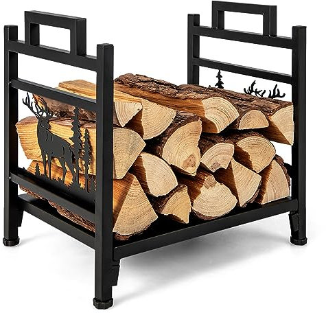 COSTWAY Porta Legna in Metallo, Portalegna con Doppia Impugnatura, Base Solida e Motivi Adorabili di Cervi e Alberi, Legnaia da Interno Esterno, Installazione Senza Attrezzi, Portata 60 kg