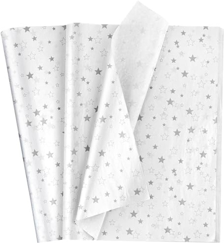 Topeedy - Papel de seda blanco y plateado para envolver regalos, 50 hojas de 35 x 50 cm, papel de seda de estrella plateada para embalar, Navidad, día de Acción de Gracias, regalo de cumpleaños, cajas