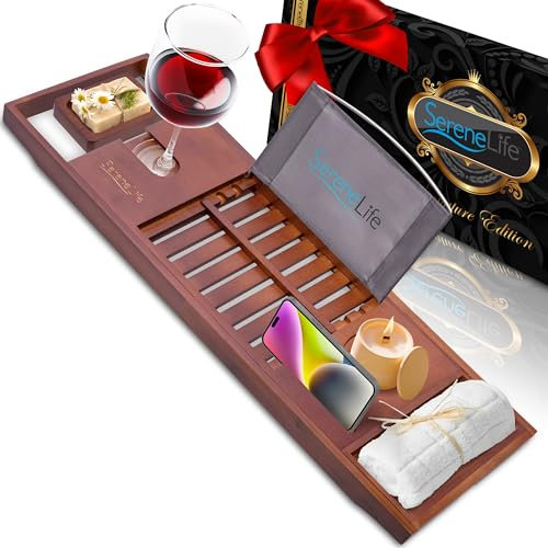 SereneLife Premium Bathtub Tray Caddy with Gift Box and Bow Set, Expandable Bath Tray, Unique House Warming Gifts for Mom, Women, Wedding, Anniversary, Bridal Shower, Fit for All Tub - Brown, Gift Set