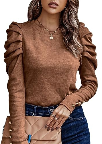 KONFEN Camiseta de Manga Larga Mujer, Blusa Camisa Cuello Redondo Tops con Manga Burbuja, Camisetas de Manga Larga Elegante Shirts Sueter Delgado para Otoño Invierno Primavera, Marrón L