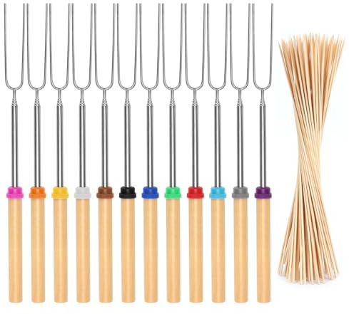 AROMUJOY Stockbrot Spieße Edelstahl, 12 Stück Stockbrot Stöcke Roasting Sticks Schaschlikspieße Ausziehbar 31cm-81cm mit 100 Bambus-Stäbe, Grillspieße Teleskop mit Holzgriff für Camping Grill