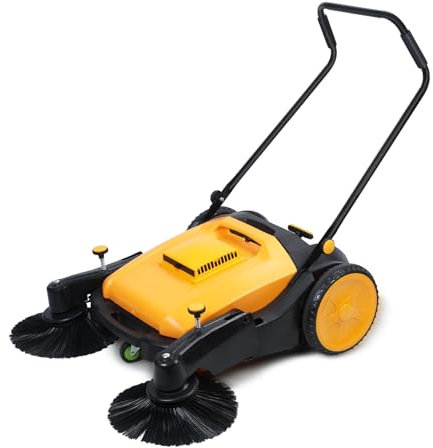 joukares Cepillo de césped artificial de 38 pulgadas con contenedor de residuos de 12 galones, barredora manual sin motor, barredora manual de 38.000 pies cuadrados por hora, sin ruido, mango