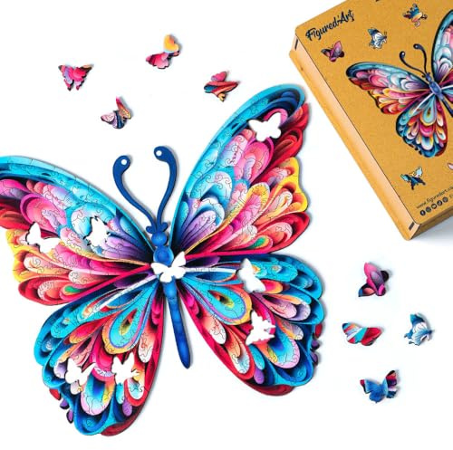 Figured'Art Puzzle in Legno di Animali per Adulti e Bambini, 200 Pezzi - Sgargiante Farfalla Multicolore - Design Originale 32x27,5 cm Forme Uniche, Confezione Premium in Legno, Idea regalo