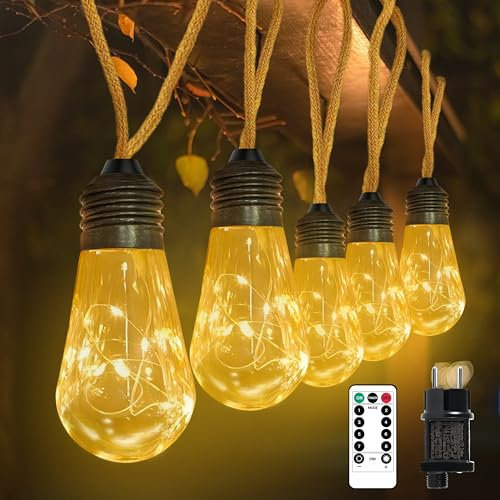 LED Lichterkette Außen, 7M 20LED Vintage Lichterkette Strom mit Hanfseil, Glühbirnen Lichterkette,8 Modi,Timer,Deko für Gärten Party Balkon Hochzeit Zimmer Camping Deko (Warmweiß)