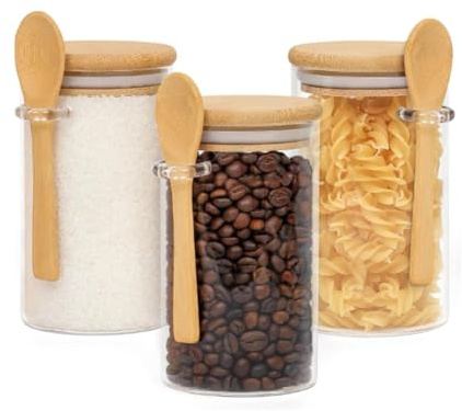 Wintem - Set 3 Barattoli Vetro con Coperchio Ermetico in Legno e Cucchiaio da 500ml, Ideali per Spezie e Zucchero, Facili da Riempire, Riutilizzabili ed Eleganti per Ogni Cucina