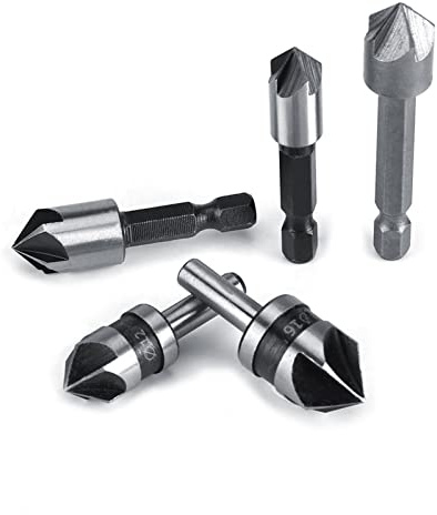 SIXRUN Set di 5 Frese per Smussare in Acciaio Rapido con Angolo di Smusso di 82°, Rimozione Rapida della Segatura di Legno, Ideali per Foratura e Sbavatura della Lavorazione del Legno, Adatte per