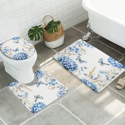 Alfombra De Baño De 3 Piezas Hortensia Azul Primavera Mariposa Flower Plantas Juego De Alfombrillas De Baño Lavable Imprimir Alfombras De Cama, para Dormitorio, Cocina, Bathroom