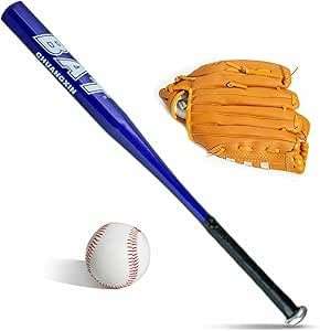 D.I.L Baseball Bat Set, 30 Inch Aluminium Metal Bat with Ball and 10.5 Inch Leather-Style Glove, for Outdoor Training, Red, Blue, Black, Silver (Blue)