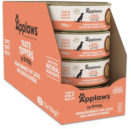 Applaws Boîtes de Nourriture Humide pour Chiens 100% Naturelle, Filet de Poulet avec Saumon en Bouillon - Lot de 12 boîtes de 156 g