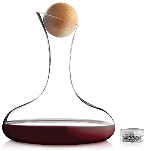 Andrew James Wine Decanter Set with Aerator Filter – 1.8L Glass Decanter for Wine with Solid Oak Stopper, Pourer & Stainless-Steel Cleaning Balls – Red Wine Carafes Gift Set for Wine Lovers