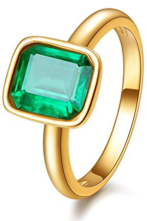 RIZILIA Green Emerald Cut CZ 14K Gold Plated Bezel Solitaire Ring for Women