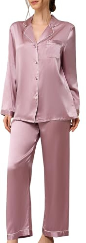 THXSILK Silk Women Pajamas Sets, Long Sleeve Sleepwear Button Down Nightwear, 19 Momme Mulberry Silk PJ Sets(Lotus Pink, M)