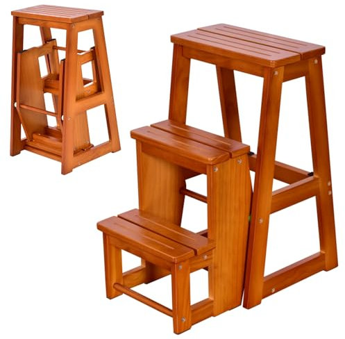 GYMAX 3 Tier Folding Step Stool for Kids and Adults, 3-in-1 Portable Wooden Stepladder, Foot Stools, Display and Flower Shelf (Brown)