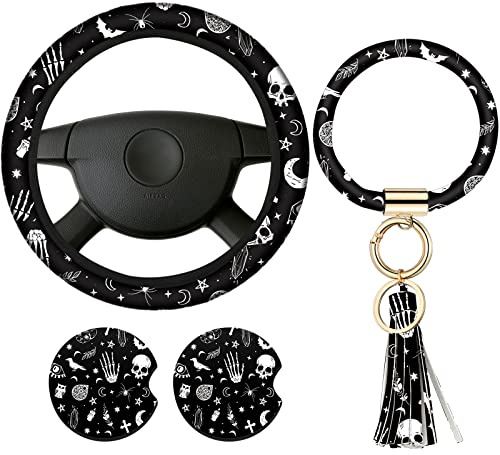 4 Pieces Black Moons White Stars Print Car Accessories Set Black Moons White Stars Steering Wheel Cover with 2 Pieces Car Cup Holder and Leather Keyring for Truck Suv(Horror Pattern)