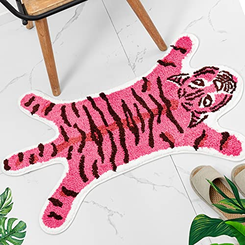 Lustige Tiger-Badematte für Badezimmer, niedlicher rosa Tiger, Cartoon-Badezimmerteppich, rutschfest, Tierform, saugfähig, adret, kleiner Badezimmerdekoration, maschinenwaschbar, 55.1x84.1 cm