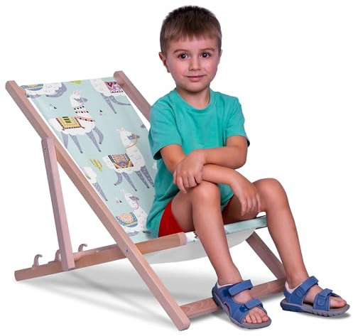 DreamRoots Chaise Longue Enfant en Bois de Hêtre, Chilienne Enfant Pliable, Transat Extérieur Jardin, Plage, Tissu Lavable Polyester 220 g/m², Charge Max 130 kg | Chaise longue pliable en bois de hêtre - Chaise longue pour enfants - Lavable jusqu'à 130 kg