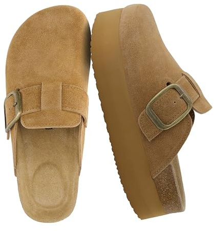 CUSHIONAIRE Women's Granola Genuine Suede Cork Footbed Platform Clog with +Comfort, Wide Widths Available, Chestnut 4.5 UK W