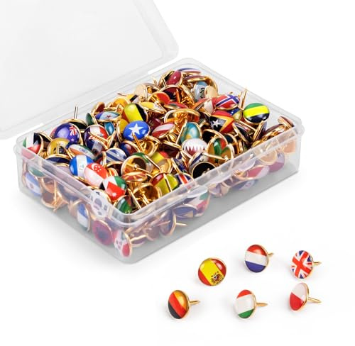 Creawoo Nationalflaggen-Pinnnadeln, 200 Stück Welt-Pinnnadeln, Länderflaggen-Kartennadeln, Reißzwecken mit Nationalflagge, Flaggennadeln für Reise-Weltkarte, Kork/Hinweis/Pinnwand