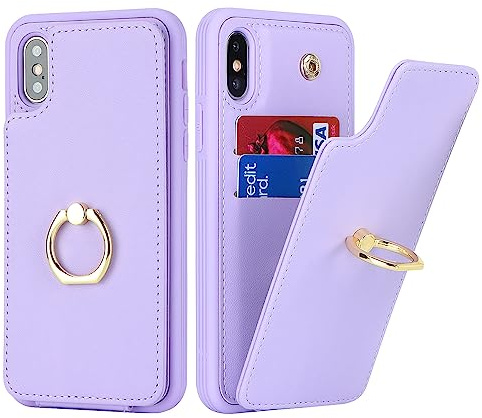 SailorTech för iPhone X/XS telefonfodral med kreditkortshållare för kvinnor, iPhone X/XS fodral ring stativ med ställ kortfack, fashionabelt fodral för män – lila