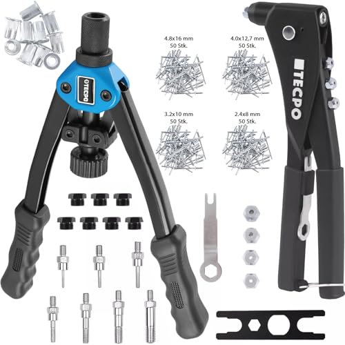 Pinze per rivetti ciechi a mano 200 in alluminio + set di pinze per rivetti, 110 pezzi, M3 – M12, rivetti