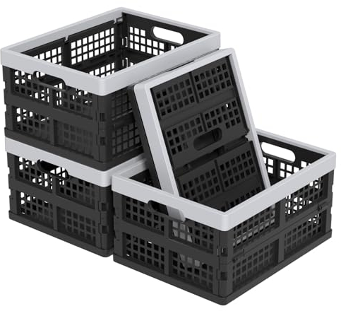 Xyskin 4 Pcs Plastic Folding Storage Crates, Collapsible Small Storage Baskets, Stackable Utility Basket/Tote, 15 Liter
