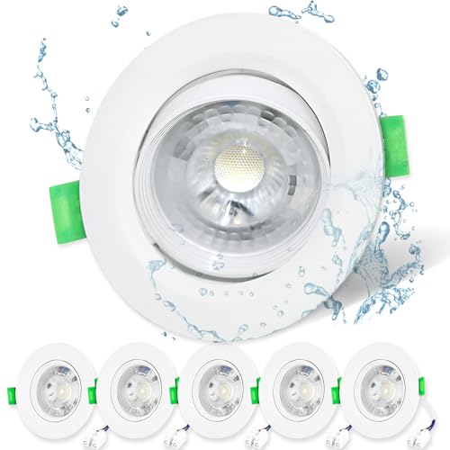 Mizlay 6PCS LED Recessed Ceiling Downlights 30°Tilt Cool White 6000K 5W/500lm, IP44 Bathroom Spot Lights, Ceiling Spotlights 90mm(Φ72-80mm) AC220-240V Round White for Indoor Lighting