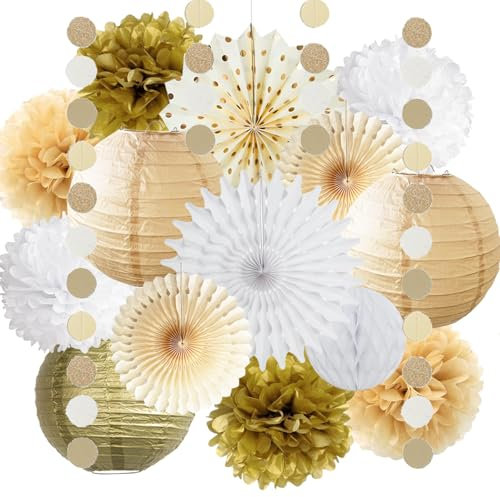White Gold Party Decorations Tissue Pom Poms Paper Lanterns Hanging Paper Fan Honeycomb Christmas Wedding Engagement Bachelorette Neutral Birthday Baby Bridal Shower Decoration