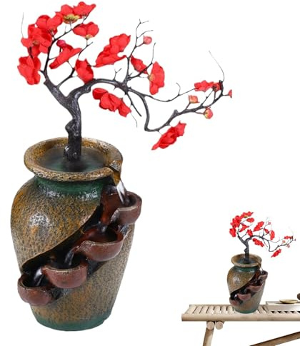 Acunny Fuente de agua en interiores, fuente de cascada en el interior, fuente de mesa de resina de 4 niveles con corrientes de agua y árbol artificial, decoración del hogar Zen Relaxation Desktop para