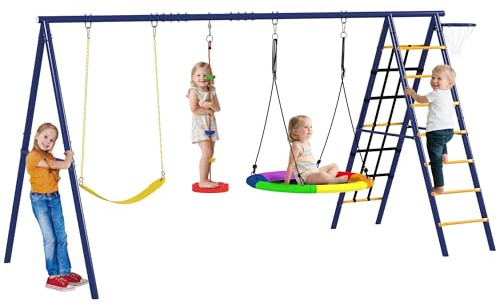 AIYAPLAY 6 in 1 Set Altalene da Giardino per Bambini 3-8 Anni con 3 Altalene, Gioco da Arrampicata e Canestro da Basket, Set da Gioco, Altalena per Bimbi per Parco, Esterno, Multicolore